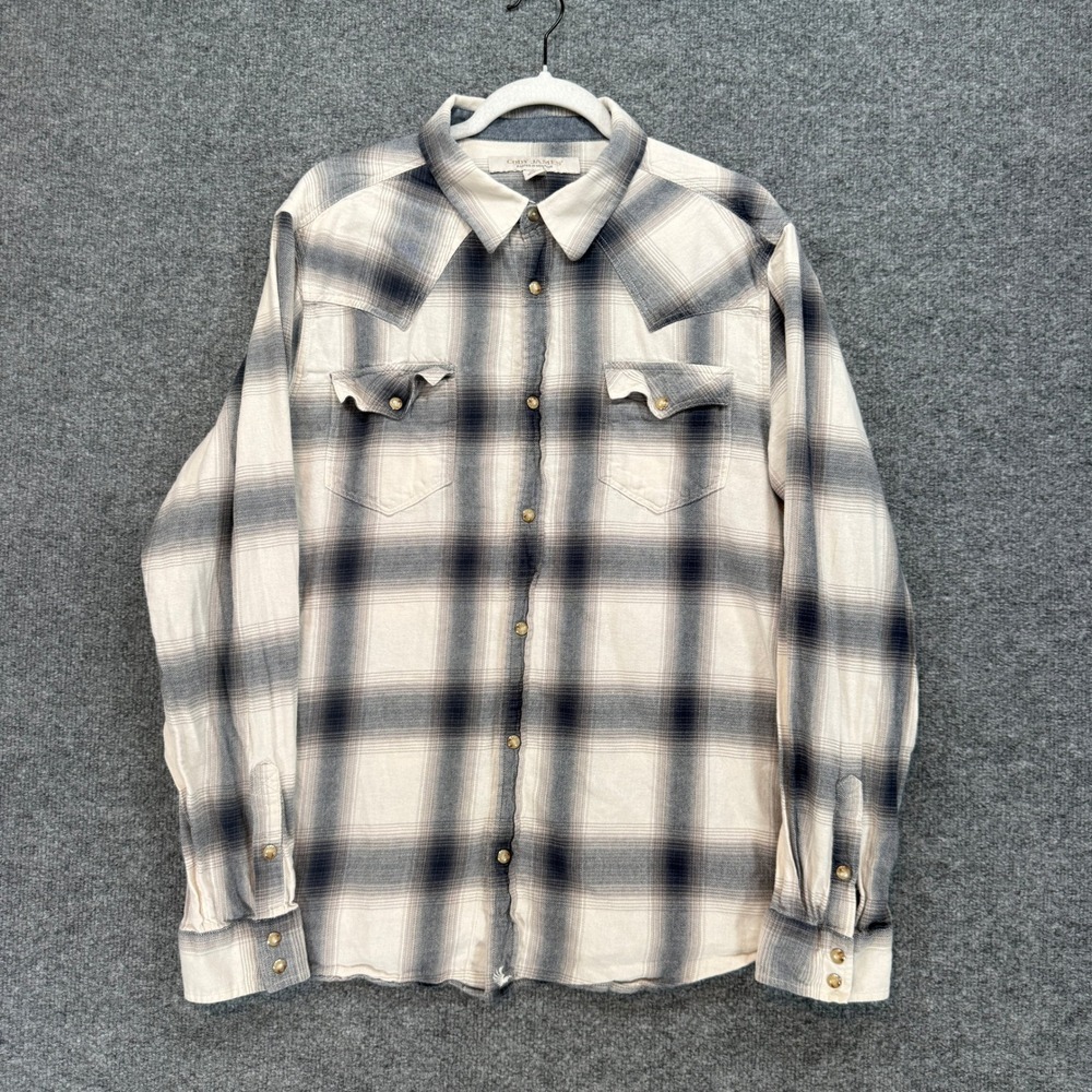 Cody James Pearl Snap Shirt Mens XL Cream Navy Blue Plaid Western Flannel Cotton